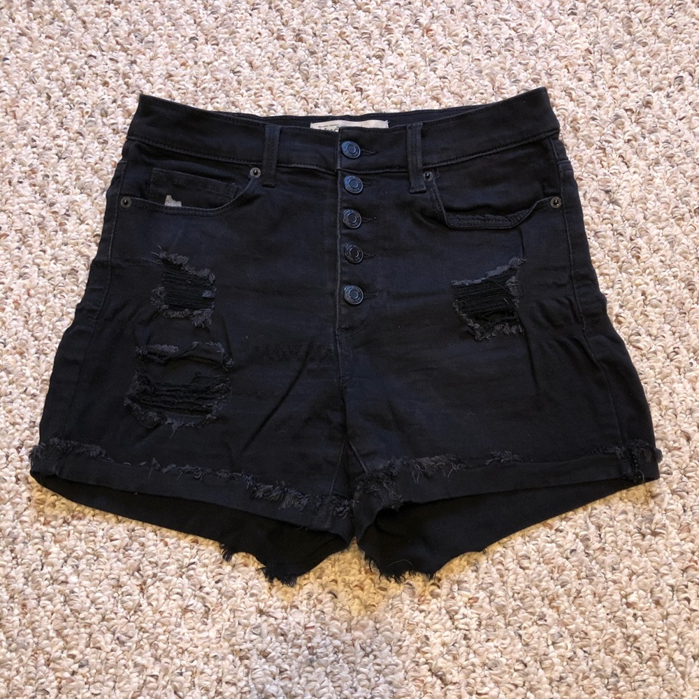 Black Distressed Button Fly Jean Shorts